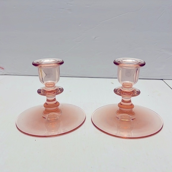 Pink Elegant Depression Glass Candlesticks Pair 4 inches - Picture 8 of 8